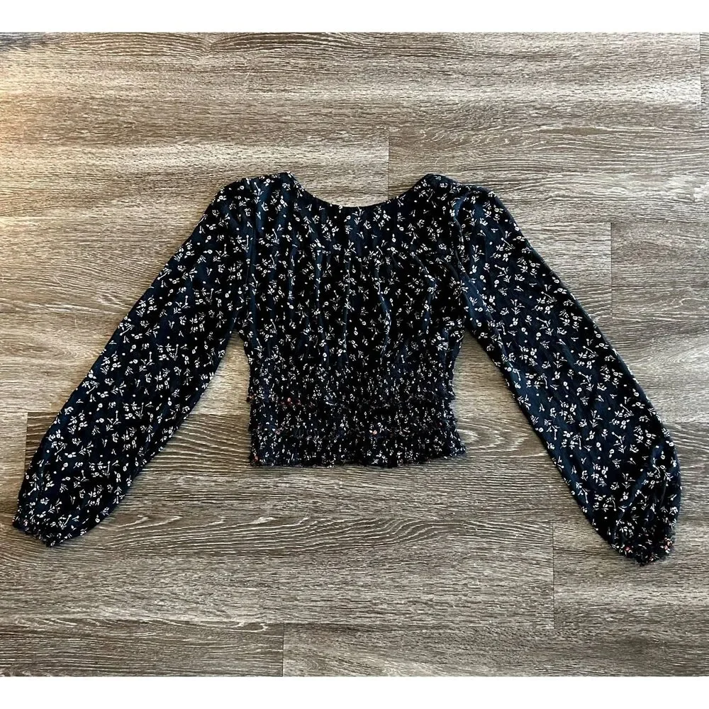 EUC Free People Lolita Floral Peasant Top Black Long Sleeve Boho Blouse Sz Small